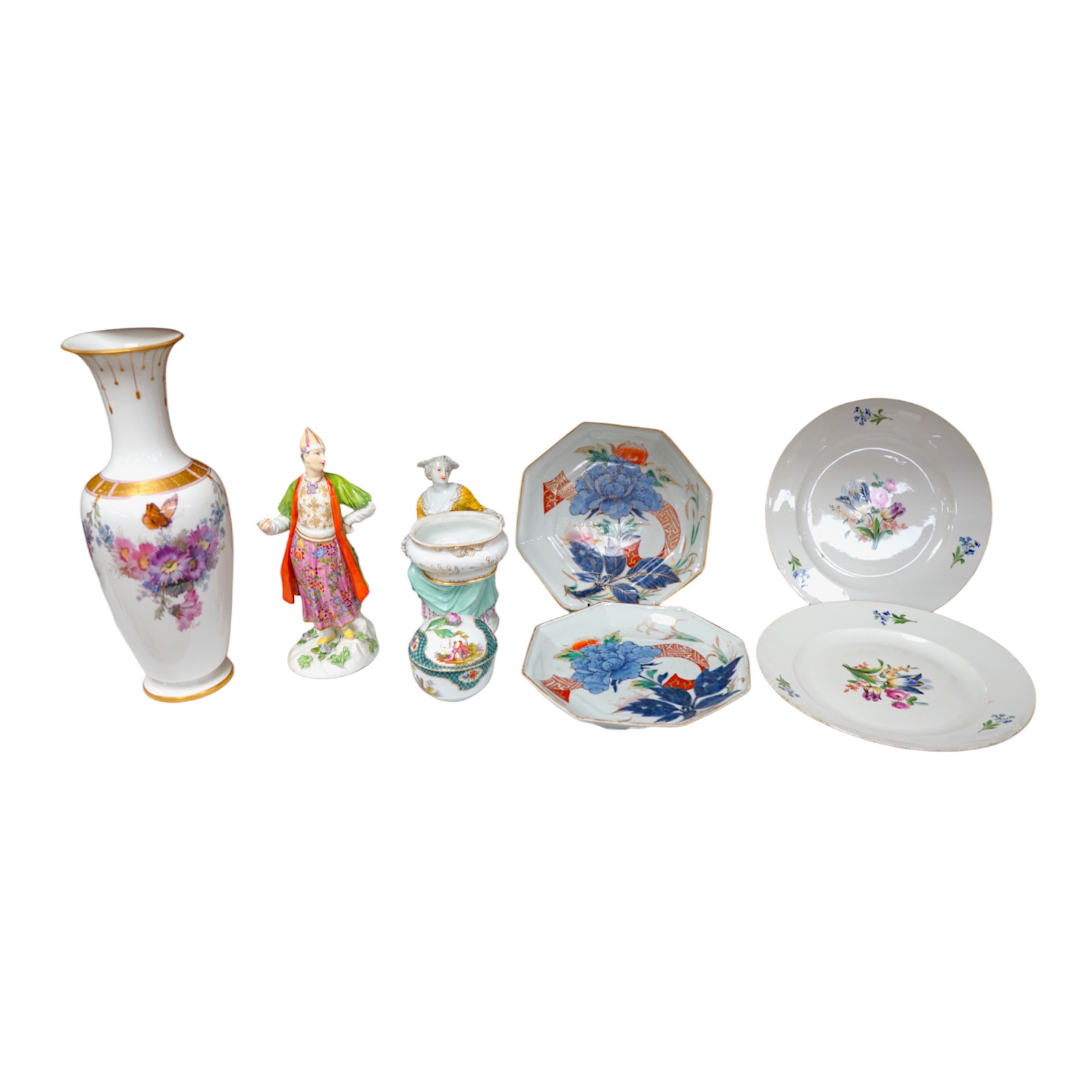 A group of various ceramics to include a Berlin floral decorated vase, a pair of Meissen dishes, similar box and cover, figural sweetmeat and figure of a Turk, together with a pair of Japanese Imari dishes, tallest 33cm.